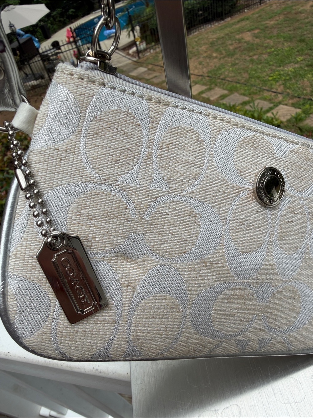 Coach Cream and Metallic Silver Signature  Logo Large Canvas Wristlet 7765 - Picture 16 of 16